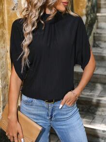 SHEIN LUNE Của phụ nữ Nửa tay Đứng cổ áo Áo sơ mi - màu đen - Xem 1