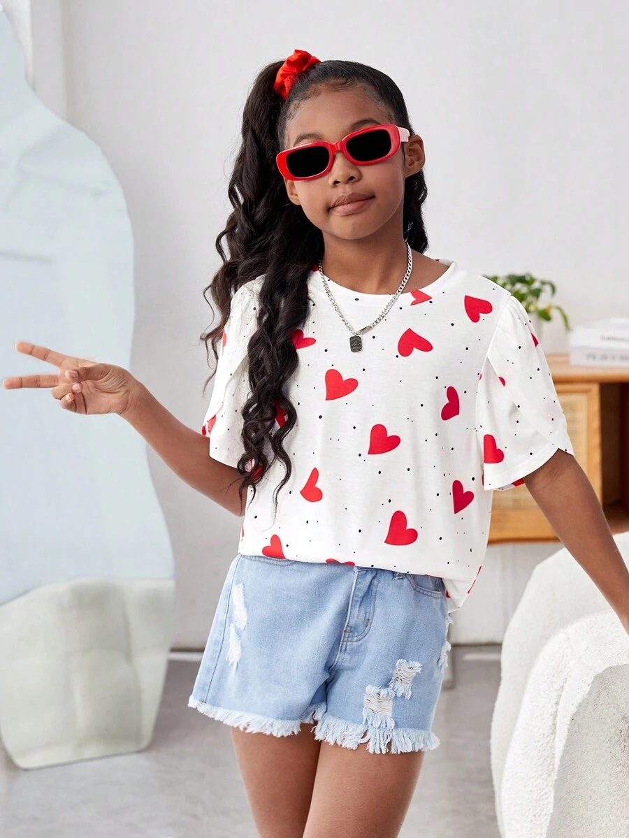 Tween Girl Casual Knit Red Heart Loose Fit Crew Neck Short Sleeve Top, T-Shirt, Suitable For Valentine's Day, Mother-Daughter, Sisters Matching - White - View 1