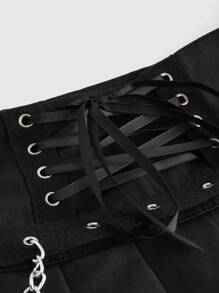 ROMWE Goth 女士鍊條細節編織腰帶百褶裙 - 黑色 - 查看 3