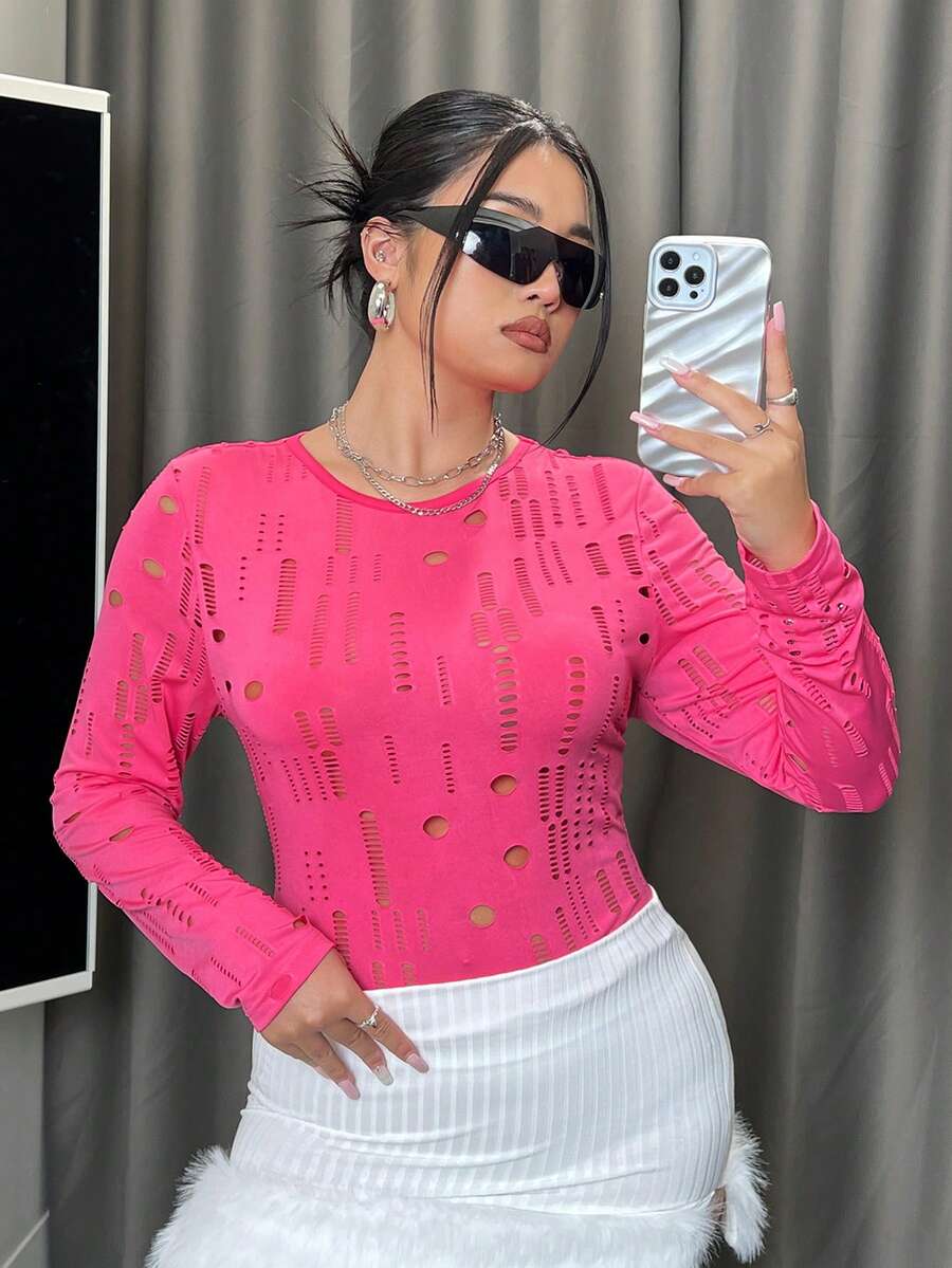 SHEIN ICON 加大尺碼女款修身長袖空心t恤 - 玫紅色 - 查看 1