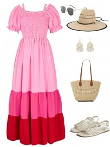 1pc Teen Girls' Casual Ladylike Dress With Color Blocking Flared Hem, Spring/Summer