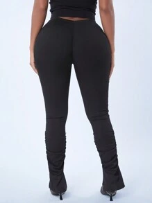 SHEIN 女用背部 V 型開衩折打底褲 - 黑色 - 查看 2