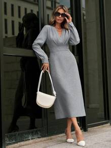 SHEIN Clasi 女式長袖褶皺連衣裙 - 灰色 - 查看 4