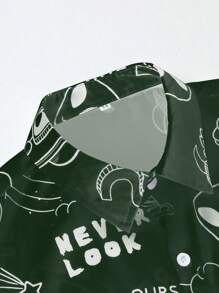 ROMWE MEN Street Life 男士外星人印花短袖襯衫,適合春夏日常穿著 - 軍綠色 - 查看 3