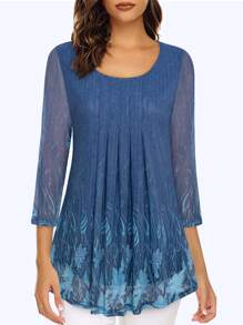 CheersLife 女士休閒三分袖長款上衣,花卉雙層上衣,鬆身褶紋網衫 - 深色水洗藍 - 查看 3