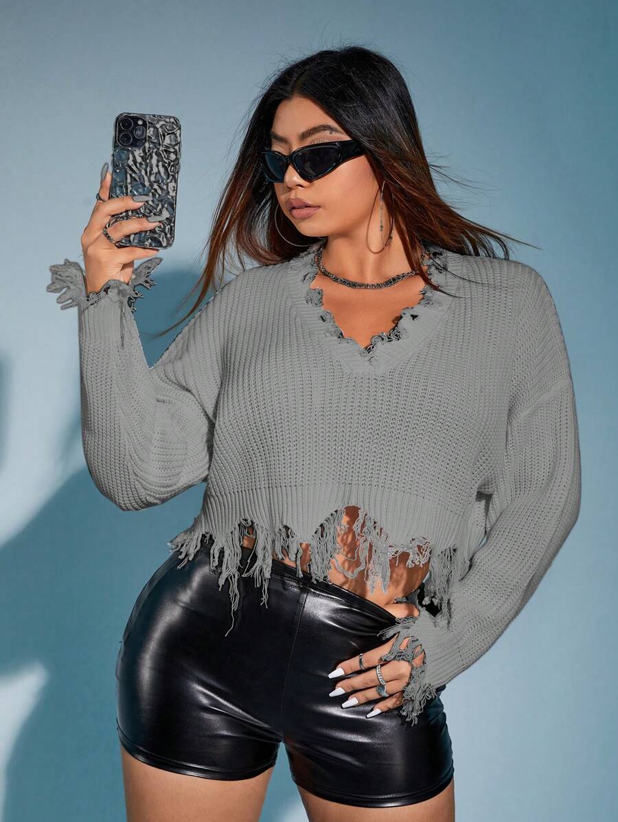 SHEIN ICON Plus Size Solid Color Drop-Shoulder Distressed Trim Knit Sweater - Grey - View 1