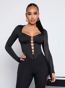 SHEIN SXY Gợi cảm Xu hướng: Cắt giảm Vượt qua Băng bó Thiết kế Tay áo dài Áo thun - màu đen - Xem 3