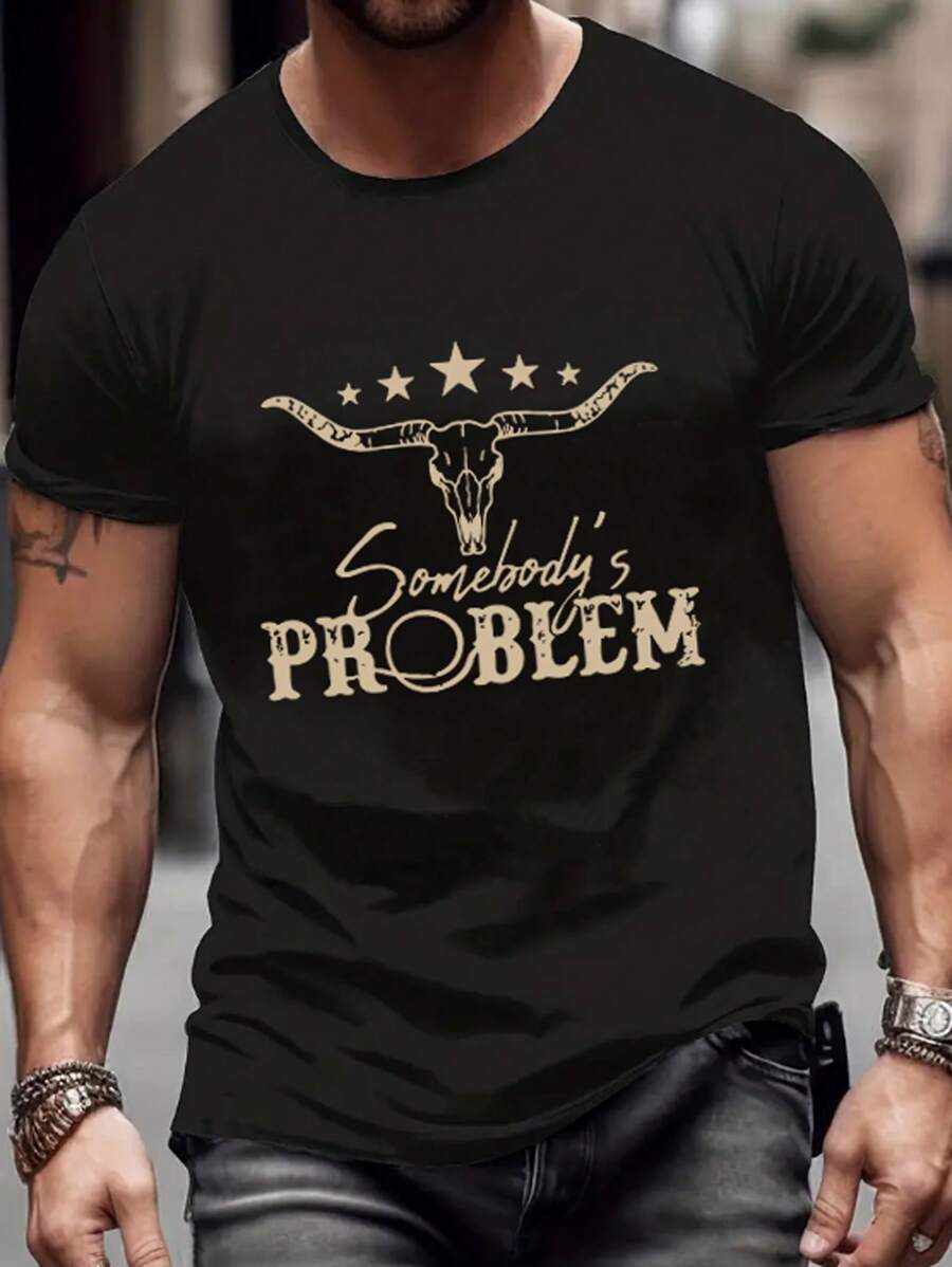 Manfinity Dauomo Camiseta Estampada Con Estampado De Letras Y Estrellas Para Hombre - Negro - Ver 1