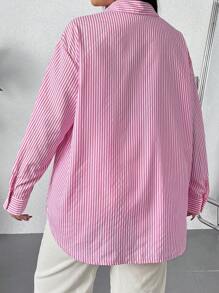 SHEIN EZwear Camisa Larga De Rayas Para Mujer De Talla Grande