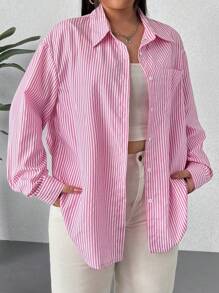 SHEIN EZwear Camisa Larga De Rayas Para Mujer De Talla Grande