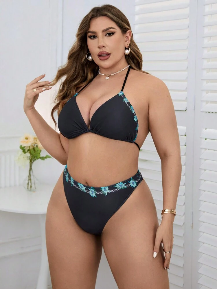 Plus Size Women'S Tropical Print Spliced Cami Bikini Set Summer