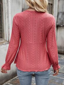 SHEIN LUNE 拉繩中空刺繡細節插口t恤衫 - 粉色 - 查看 2