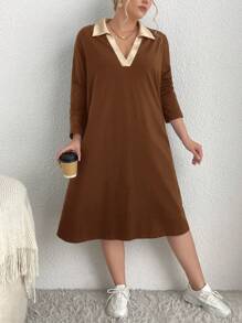 SHEIN Essnce 女款大尺碼撞色 V 領連身裙 - 棕色 - 查看 5