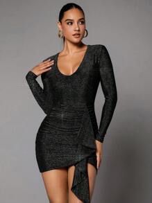 SHEIN BAE Women'S Glitter Sparkle Splice Ruffle Hem Dress - Black - View 1