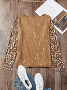 SHEIN LUNE Long Sleeve V-Neck T-Shirt With Glitter Effect Fall Cloth For Women - Khaki - View 2