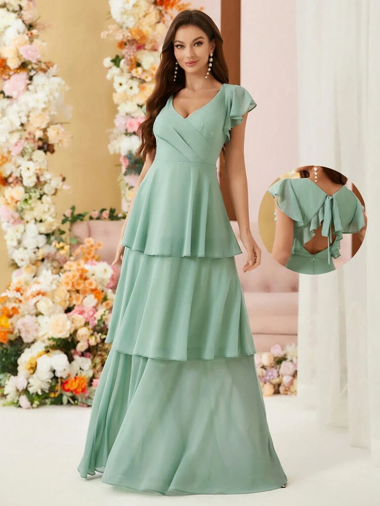 Elegant And Elegant, Romantic Women's Early Spring Wedding Season Green Tiered Ruffled High-Waisted Front Chest Pleated Ruffled Flying Sleeves A-Shaped Umbrella Hem St. Patrick's Day Holiday Season Bridesmaid Dress