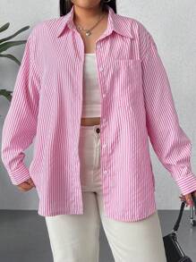 SHEIN EZwear Camisa Larga De Rayas Para Mujer De Talla Grande