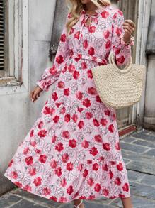 SHEIN LUNE Của phụ nữ In hoa Mặt trước thắt dây Đầm - Đỏ - Xem 1