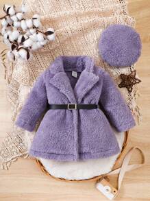 女婴毛绒外套和帽子 - 紫色 - 查看 1