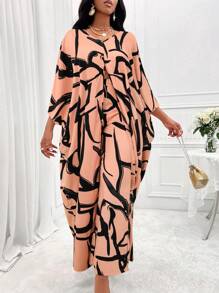 SHEIN Clasi Women's Printed Batwing Sleeve Split Hem Top And Wide Leg Pants Set - Pink - View 3