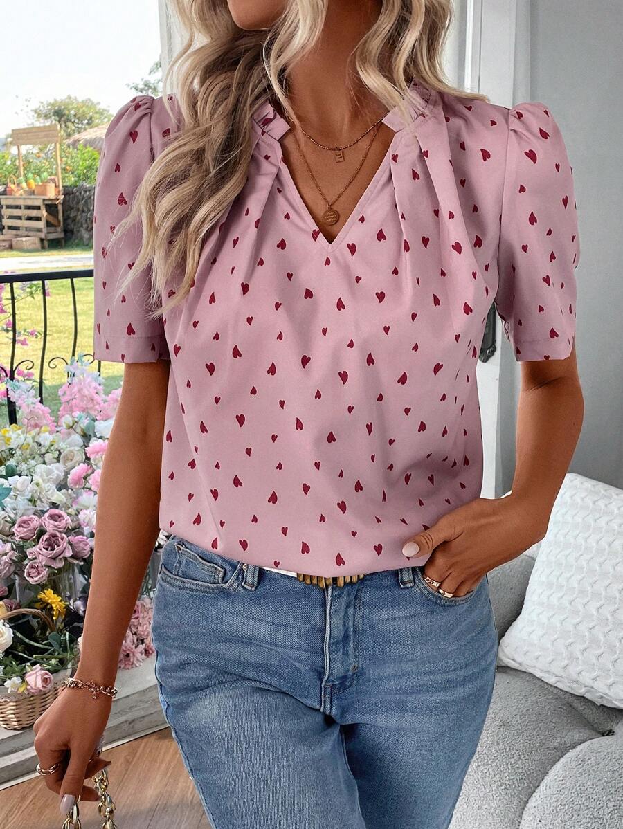 SHEIN Privé 女款心型泡泡袖襯衫 - 粉色 - 查看 1