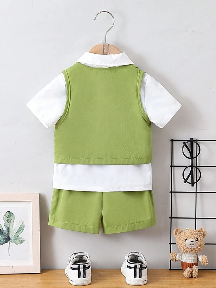 3pcs/Set Baby Boys' Cartoon Printed Vest, Solid Color Shirt, And Shorts Set, For Gentlemen