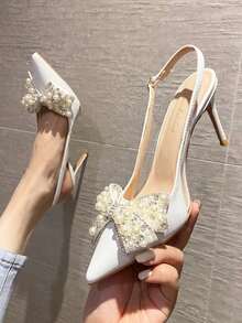 女士白色綁帶高跟鞋,最新夏季系列,獨特設計帶蝴蝶結,珍珠細節及尖頭設計,露趾開後跟涼鞋 - 白色 - 查看 4