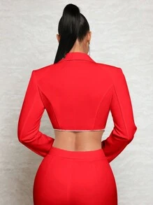 SHEIN BAE 女式短款西裝外套,帶有鑽石鍊條細節 - 紅色 - 查看 2