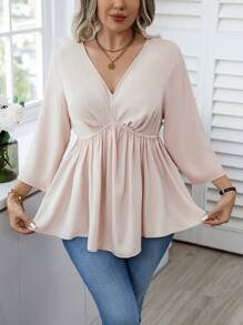 Calvaya 大尺寸純色荷葉邊上衣 - 杏色 - 查看 1