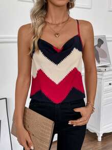 SHEIN Clasi Draped Neck Contrast Color Cami Top Graphic Tees Women Tops - Multicolor - View 1