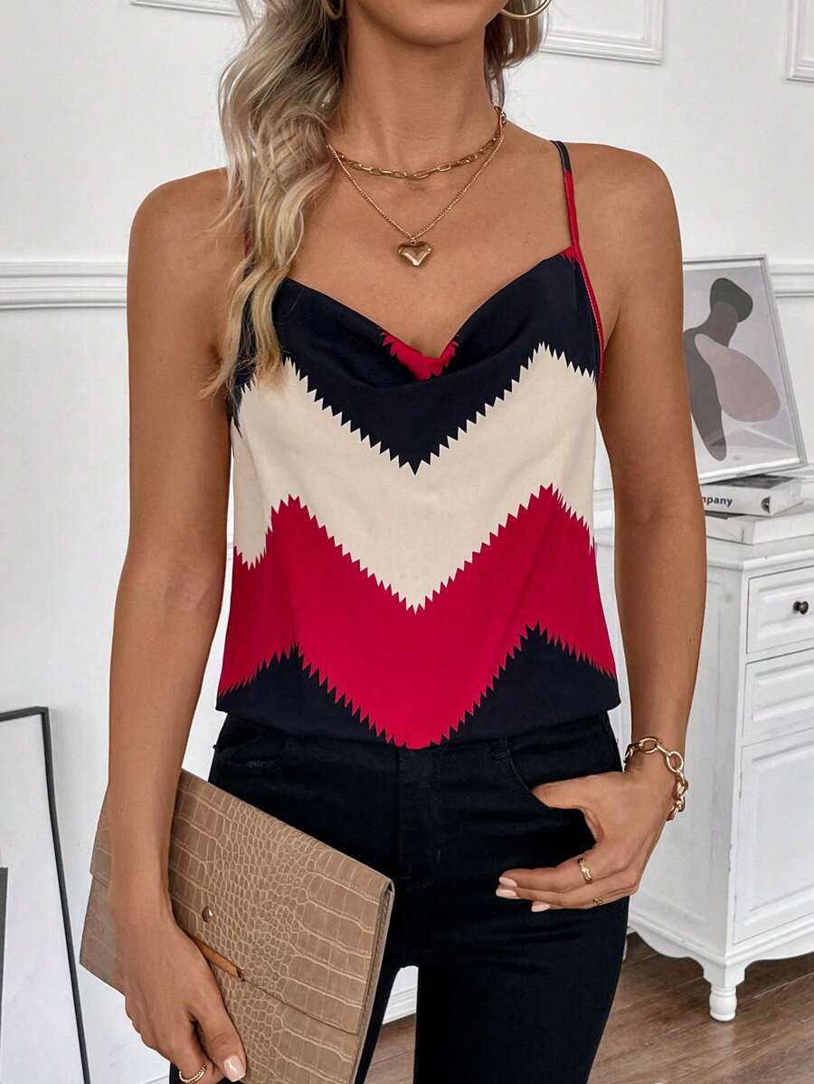 SHEIN Clasi Draped Neck Contrast Color Cami Top Graphic Tees Women Tops - Multicolor - View 1