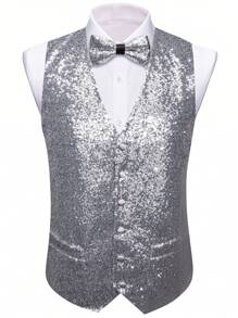 Men's Single-Breasted Glitter Suit Vest - Silver - View 3