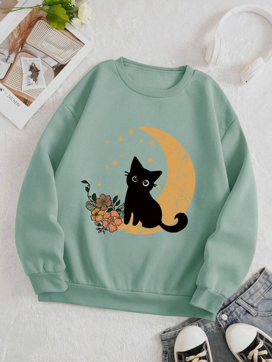 SHEIN EZwear 女士貓咪圖案圓領運動衫 - 薄荷綠 - 查看 1