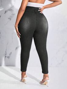 SHEIN SXY 女性加大碼高腰細腿牛仔褲 - 黑色 - 查看 2