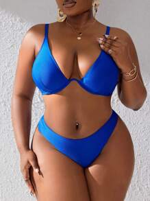 Slaydiva Summer Beach Plus Size Women's Underwire Swimwear Set - Blue - View 3