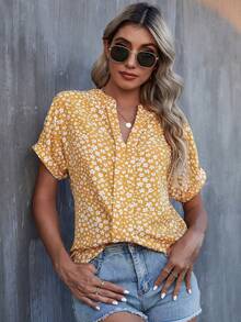 Blusa De Cuello Con Muescas Y Estampado Floral Para Mujeres - Amarillo - Ver 6