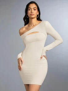 SHEIN BAE Ladies' Solid Color Hollow Out Asymmetrical Neck Bodycon Dress - Apricot - View 4