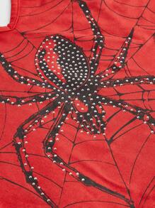 ROMWE Goth 性感蜘蛛网印花水钻镶嵌紧身背心，双肩带，露背设计，学校 - 紅色 - 查看 4