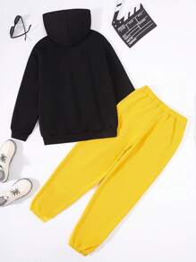 SHEIN Teen Boy Casual Game Robot Pattern Hooded Sweatshirt And Solid Color Leggings Trousers Suit