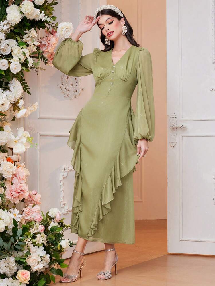 Women'S Ruffle Hem Lantern Sleeve Dress