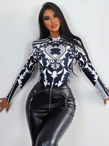 Zolique Full Print Long Sleeve Bodysuit Fall Cloth For Women - Blue and White - View 6