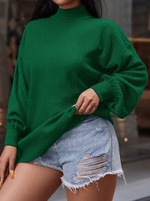 RueChic Plus Mock Neck Drop Shoulder Sweater - Green - View 1