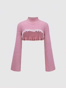 SHEIN Unity Áo len nữ dáng ngắn, cổ đứng, viền ren, thích hợp mặc mùa thu đông. - Hồng - Xem 1