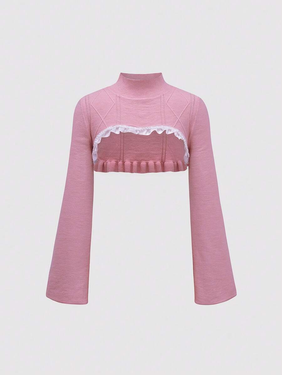 SHEIN Unity Áo len nữ dáng ngắn, cổ đứng, viền ren, thích hợp mặc mùa thu đông. - Hồng - Xem 1