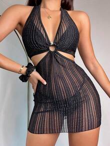 Swim SXY Women's Sheer Mesh Hollow Out Cropped Cover Up - Black - View 4