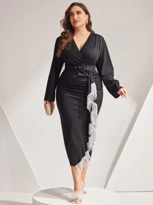 Modelyn Plus Size Women'S Wrap Fringe Trim Dress - Black - View 1