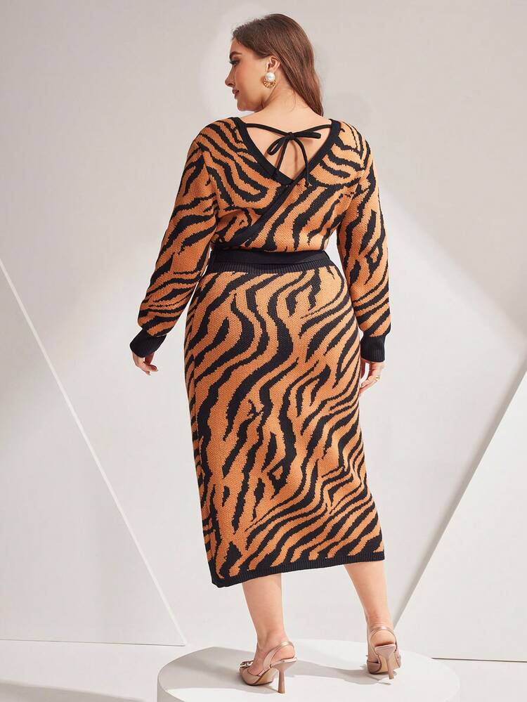 Plus Size Tiger Pattern V-Neck Belted Sweater Dress Fall Cloth For Women