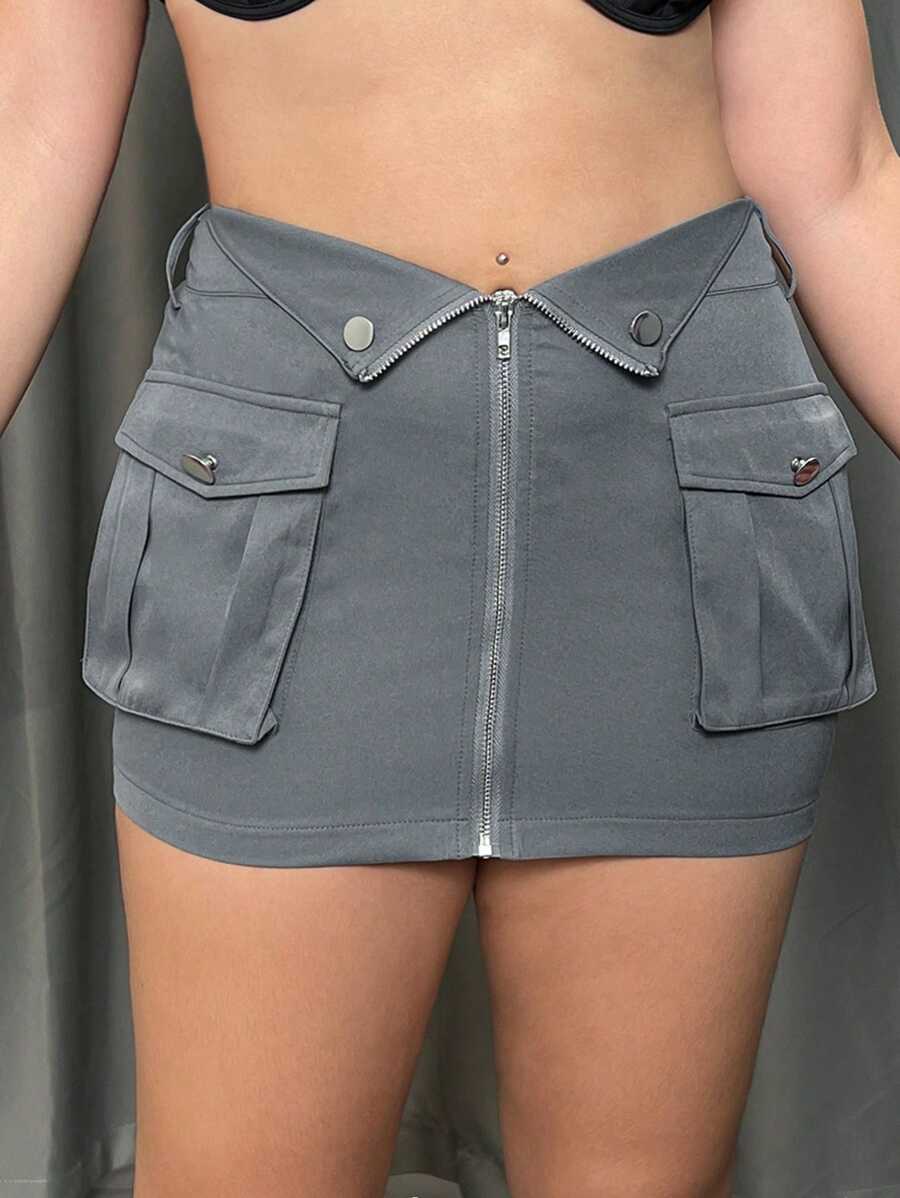 SHEIN ICON Plus Size Women's Low Waist A-Line Folded Cargo Skirt - Grey - View 1