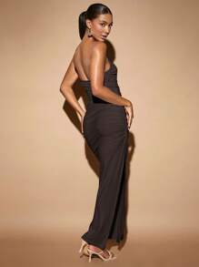 SHEIN BAE Women's Solid Color Pleated Tube Top Dress - Coffee Brown - View 7