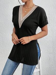 SHEIN LUNE Ladies' Lace Splice Side Slit T-Shirt - Black - View 5